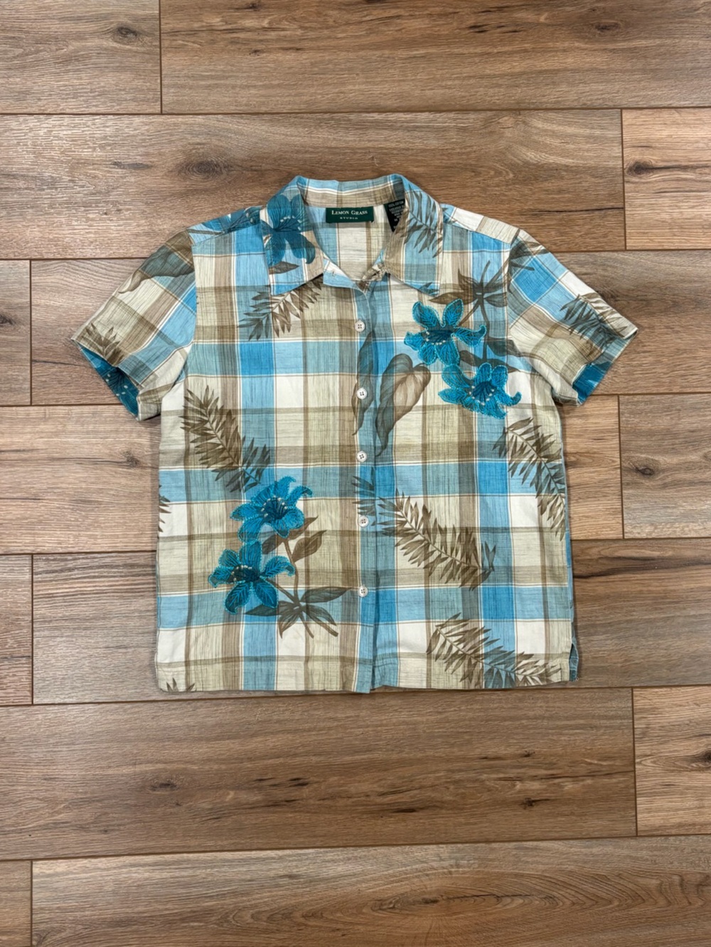 LEMON GRASS STUDIO Short Sleeve Blue Tan Plaid Hibiscus Blouse | Size Small